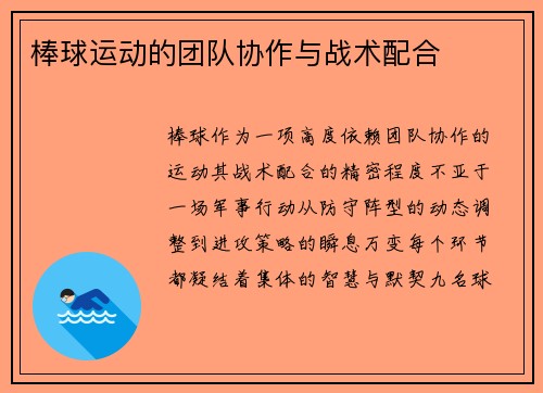 棒球运动的团队协作与战术配合