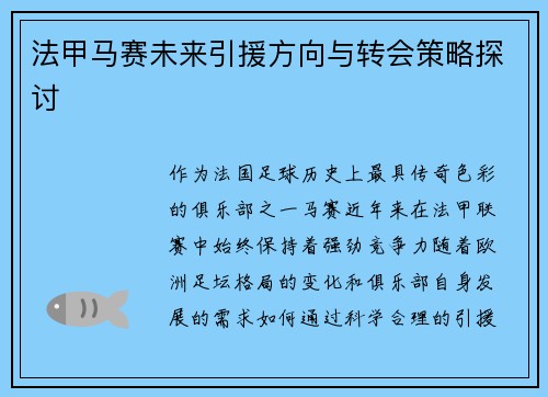 法甲马赛未来引援方向与转会策略探讨