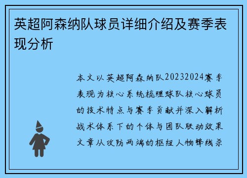 英超阿森纳队球员详细介绍及赛季表现分析